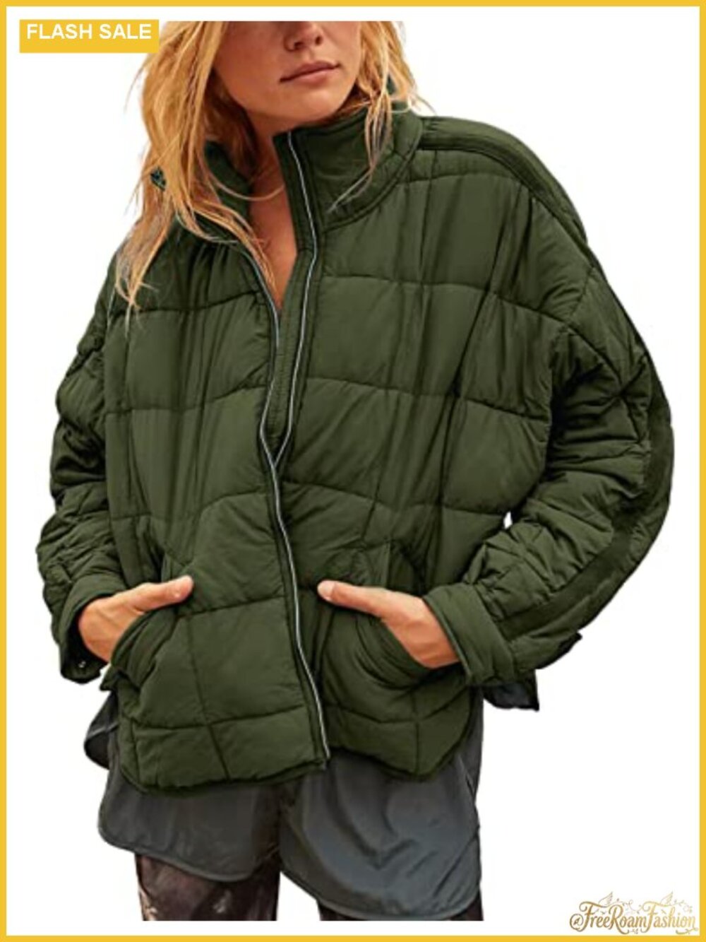 Womens Quilted Puffer Jacket Down Coat Long Sleeve Zip Puffy Outerwear